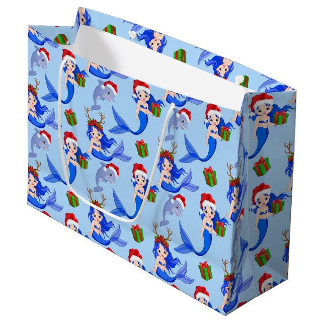 Festive Christmas mermaid dolphin pattern Large Gift Bag (Front Angled)