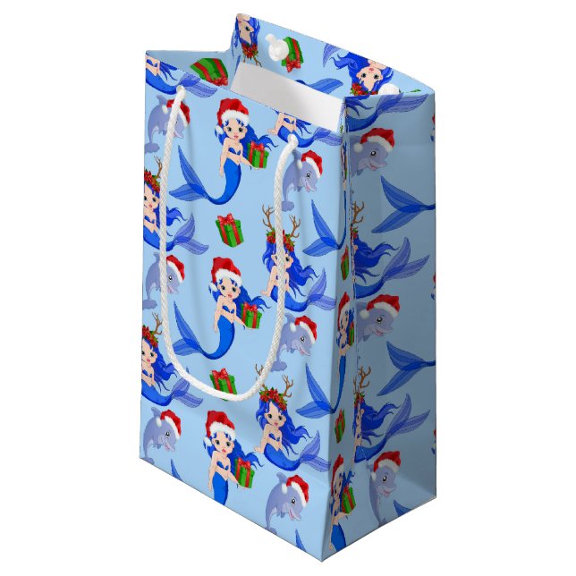 Festive Christmas mermaid dolphin Small Gift Bag (Front Angled)