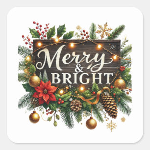 Festive Christmas Merry & Bright Square Sticker