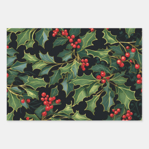 Festive Christmas Mistletoe ,Holly Leaves, Berries Wrapping Paper Sheet