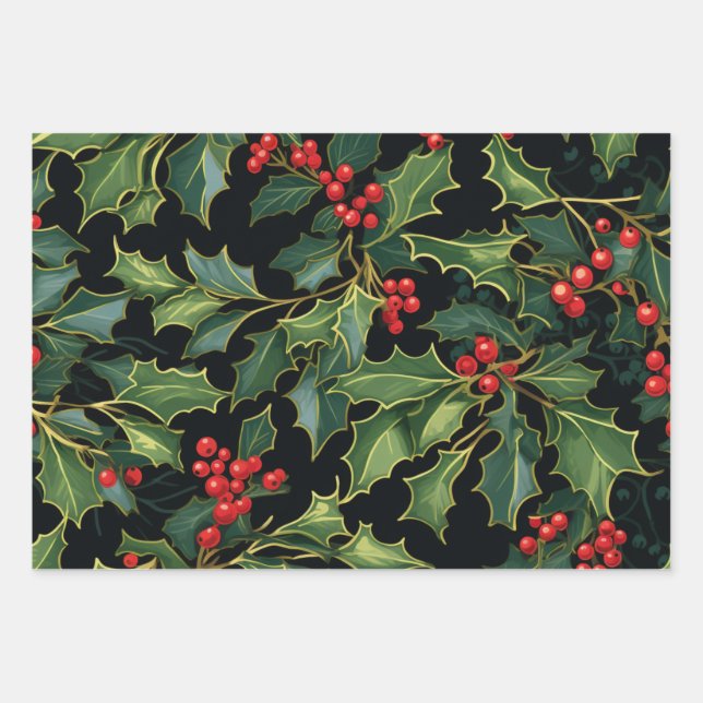 Festive Christmas Mistletoe ,Holly Leaves, Berries Wrapping Paper Sheet (Front)