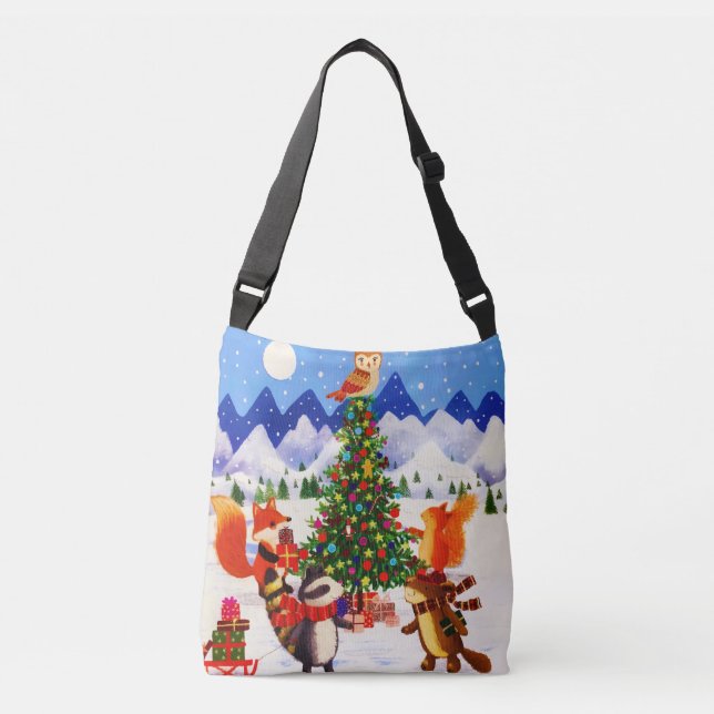 Festive Christmas Mountain Woodland Animal Family Crossbody Bag (Front)