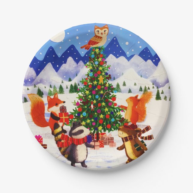 Festive Christmas Mountain Woodland Animal Family Paper Plate (Front)