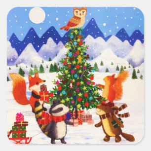 Festive Christmas Mountain Woodland Animal Family Square Sticker