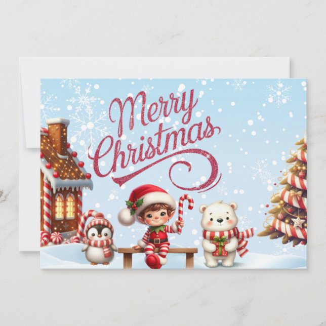 Festive Christmas Mug with Elf, Penguin Invitation (Front)