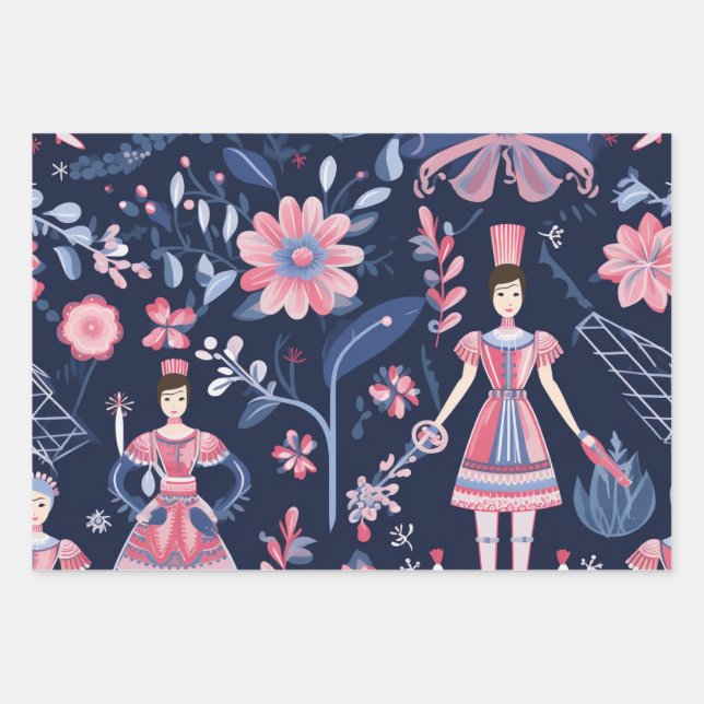 Festive Christmas Nutcracker Theme Pattern Wrapping Paper Sheet (Front)