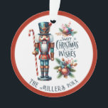 Festive Christmas Nutcrackers Custom Text Ornament<br><div class="desc">Colourful Christmas nutcracker ornament design with holiday symbols on a white background with a personalizable family name.</div>