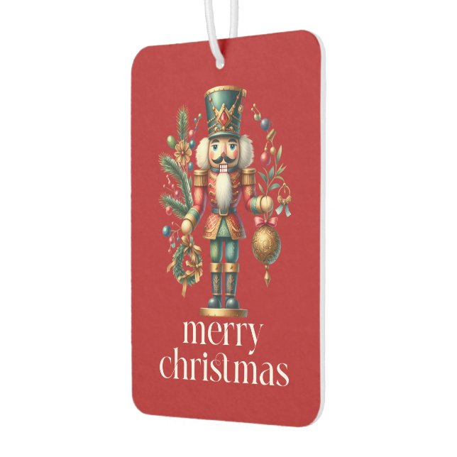 Festive Christmas Nutcrackers On Red Car Air Freshener (Left)