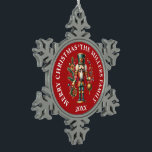 Festive Christmas Nutcrackers  Snowflake Pewter Christmas Ornament<br><div class="desc">Colourful Christmas nutcracker ornament design with holiday symbols with a red background and custom text in white.</div>