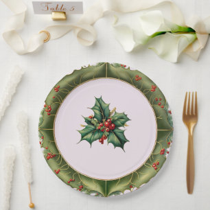 Festive Christmas Olive Green Holly Paper Plate