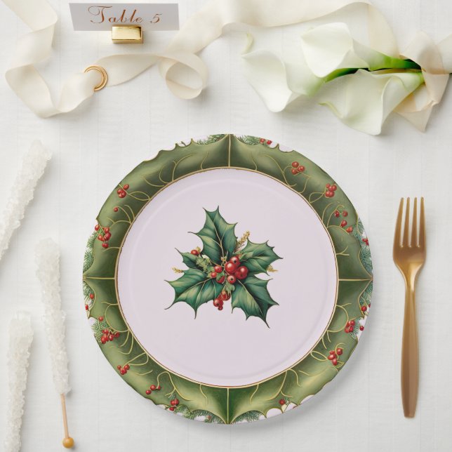Festive Christmas Olive Green Holly  Paper Plate (Wedding)