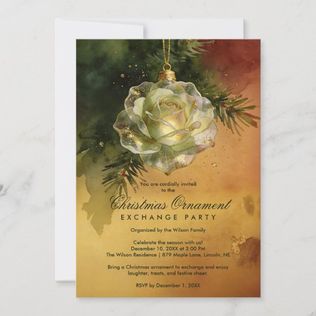 Festive Christmas Ornament Shaped Like a Rose Invitation (Front)
