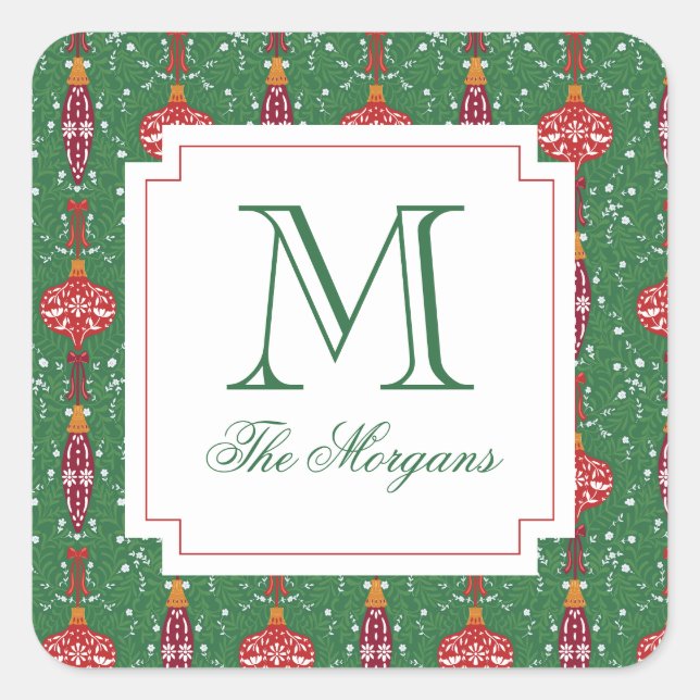 Festive Christmas Ornaments Monogram Gift Square Sticker (Front)