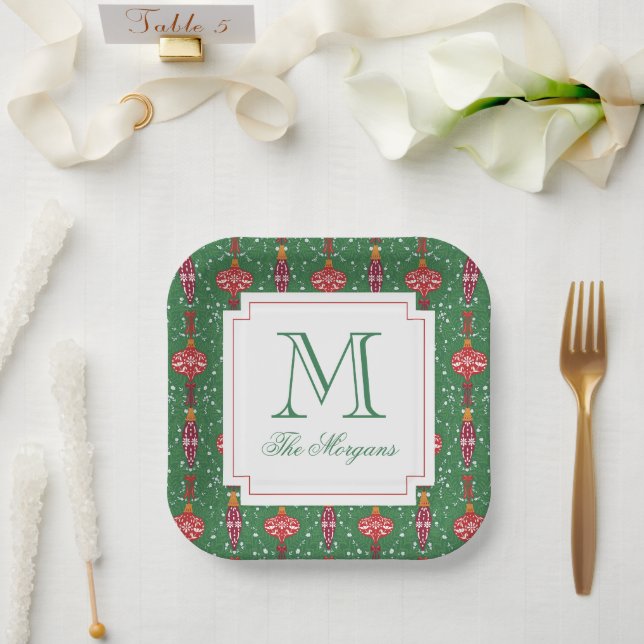 Festive Christmas Ornaments Monogram Paper Plate (Wedding)