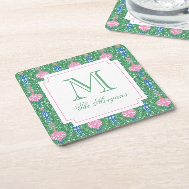 Festive Christmas Ornaments Monogram Square Paper Coaster (Angled)