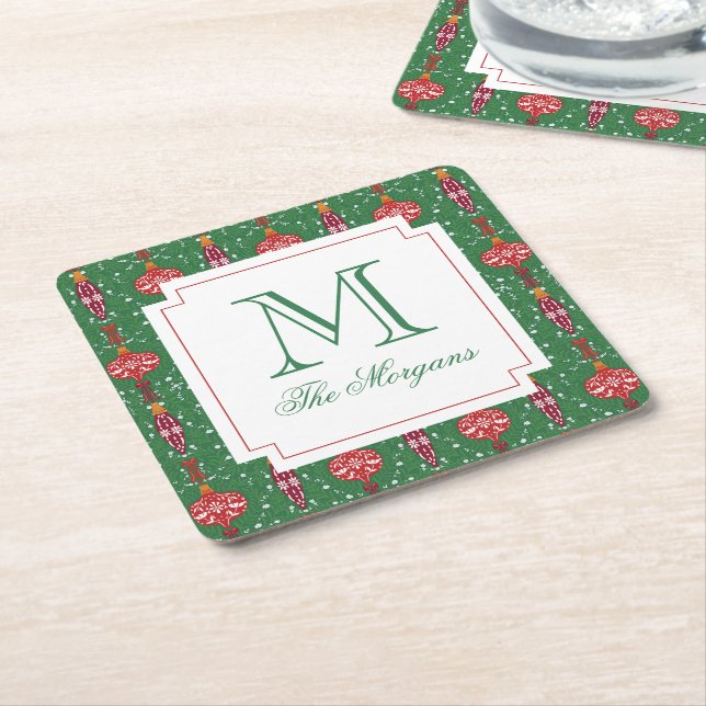 Festive Christmas Ornaments Monogram Square Paper Coaster (Angled)