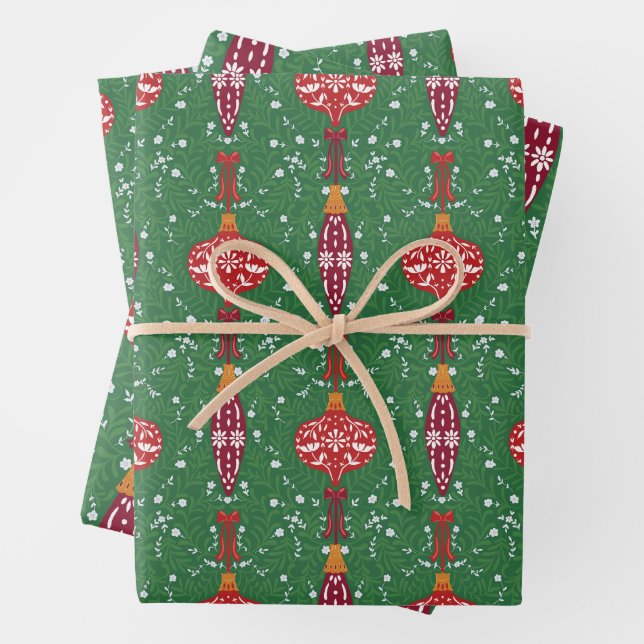 Festive Christmas Ornaments Pattern Wrapping Paper Sheet (In situ)