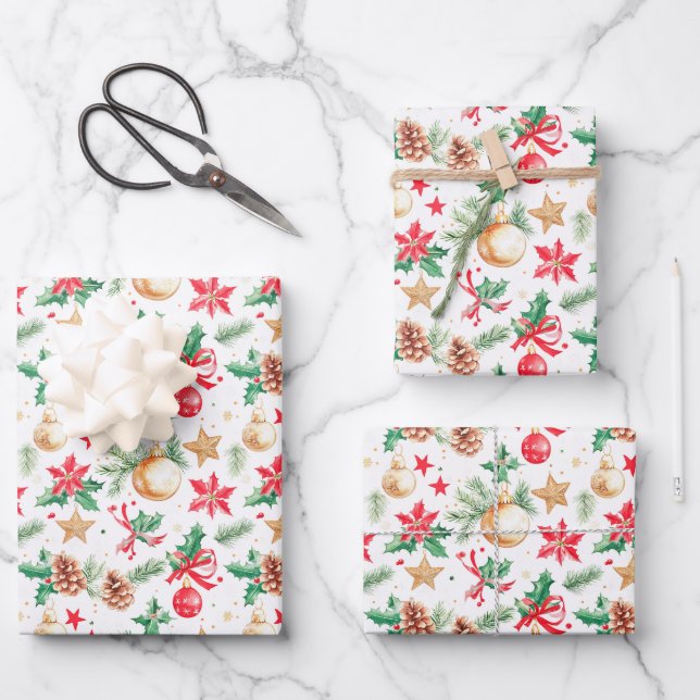 Festive Christmas Ornaments Wrapping Paper Sheet (Front)