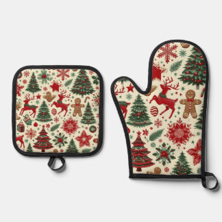 Festive Christmas Oven Mitt & Pot Holder Set 