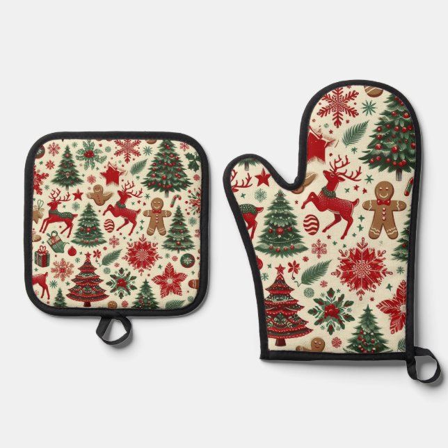 Festive Christmas Oven Mitt & Pot Holder Set  (Front)