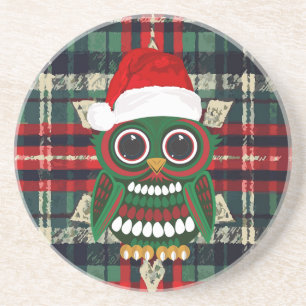 Festive Christmas Owl Plaid Cosy Rustic Holiday Coaster