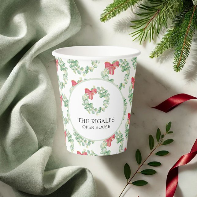 Festive Christmas Paper Cups Watercolor Wreath (Personalized Christmas paper cups elegant watercolor wreath art in shades of red and green.)