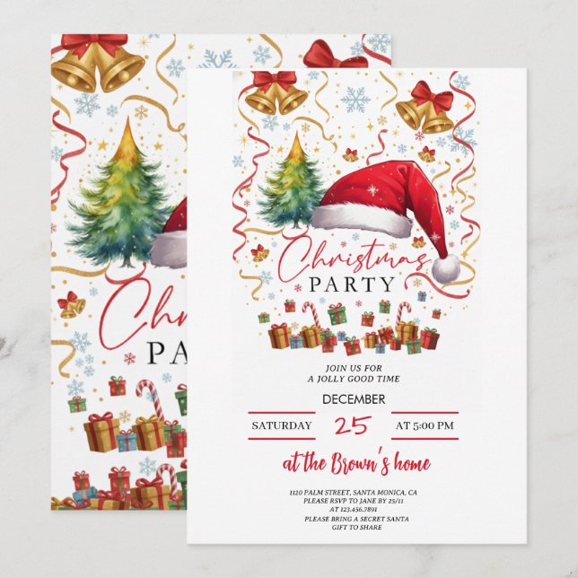 Festive Christmas Party Invitation Red Santa Hat (Front/Back)