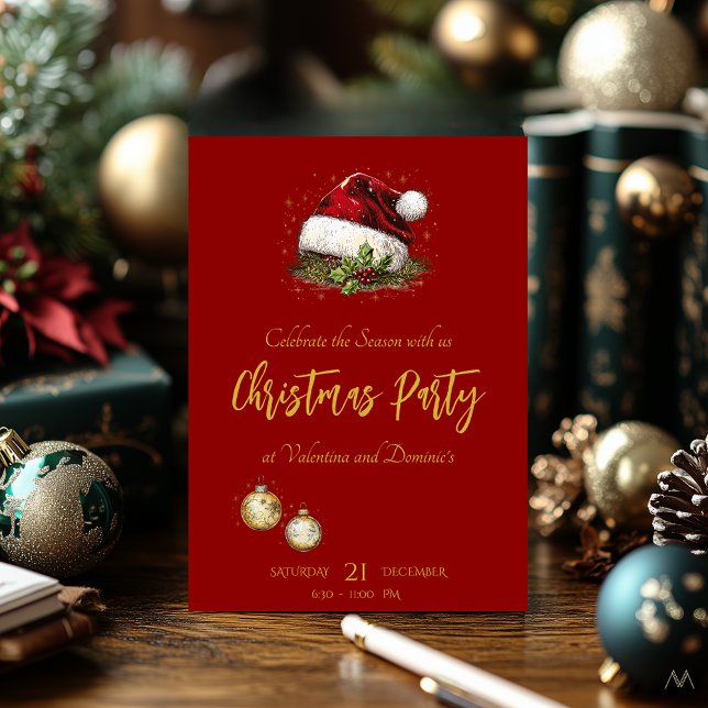 Festive Christmas Party with Santa Hat on Red Invitation (Creator Uploaded)