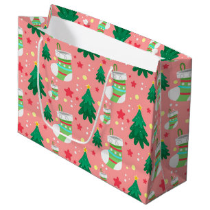 Festive Christmas Pattern of Stars Stockings Trees Large Gift Bag