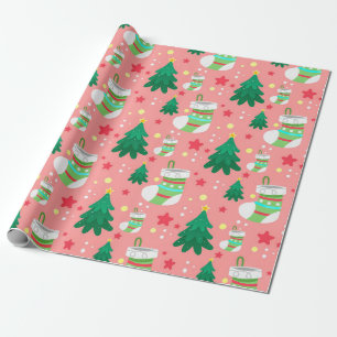 Festive Christmas Pattern of Stars Stockings Trees Wrapping Paper