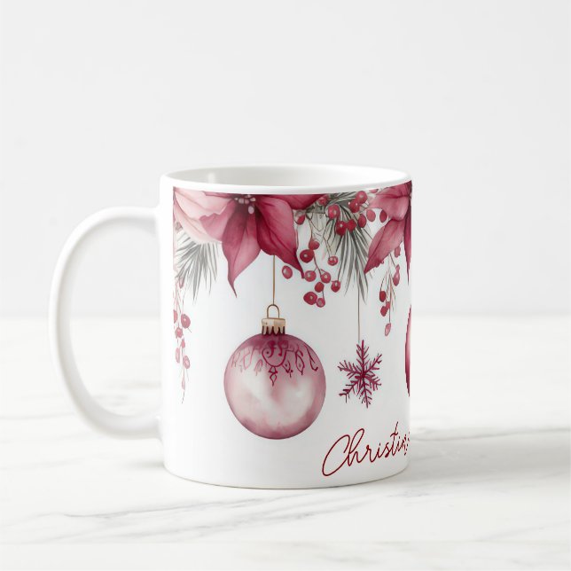 Festive Christmas Pattern with Baubles and Flowers Coffee Mug (Left)