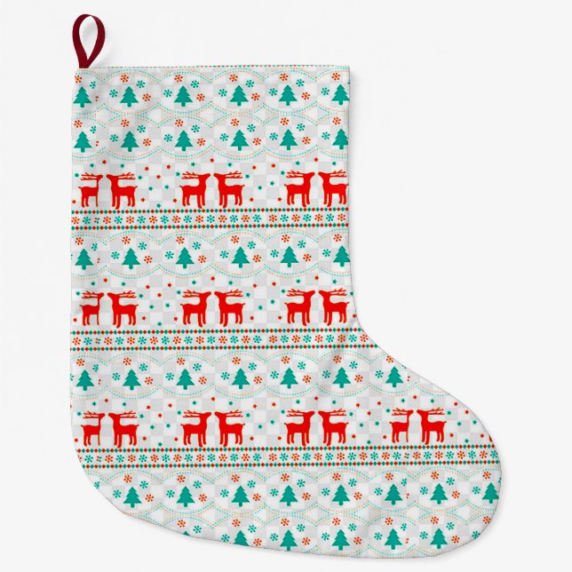 Festive Christmas Pattern with Reindeer Large Christmas Stocking (Front)