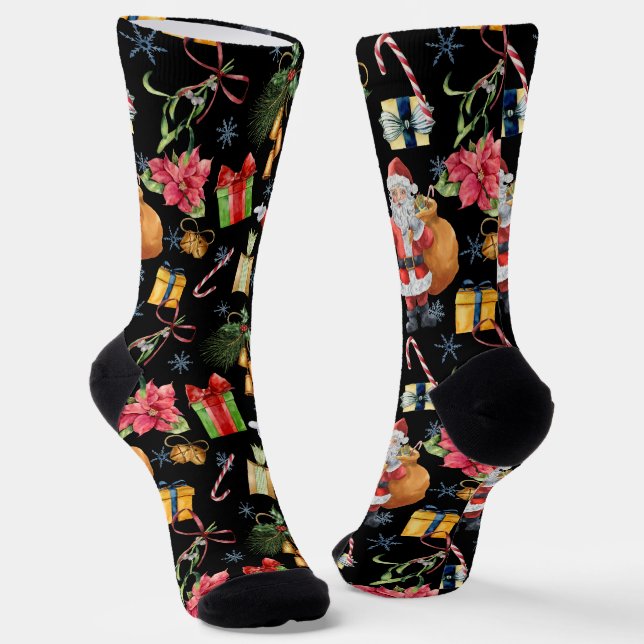 Festive Christmas Pattern with Santa, Candy Canes Socks (Angled)
