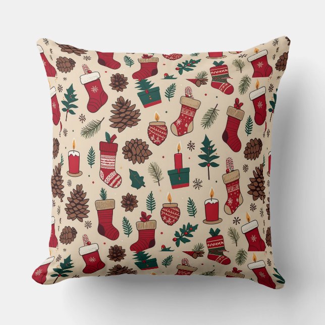Festive Christmas Pattern with Stockings Cushion (Front)