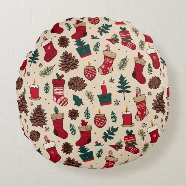Festive Christmas Pattern with Stockings Round Cushion (Front)
