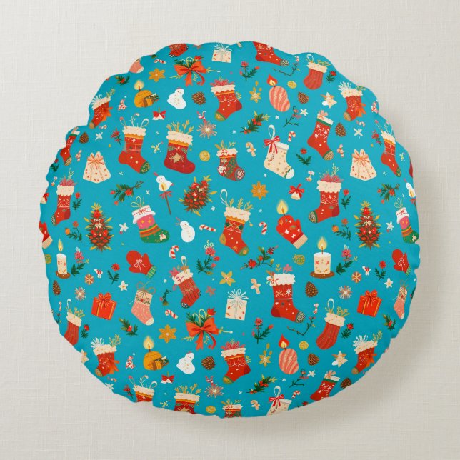 Festive Christmas Pattern with Stockings Round Cushion (Front)