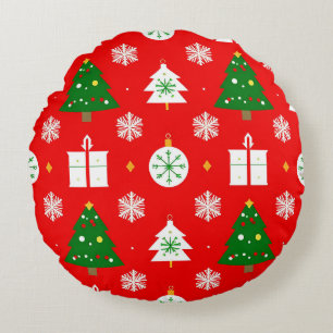 Festive Christmas Pattern with Trees, Snowflakes Round Cushion
