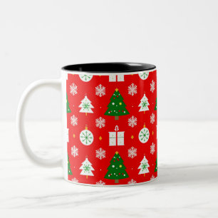 Festive Christmas Pattern with Trees, Snowflakes Two-Tone Coffee Mug