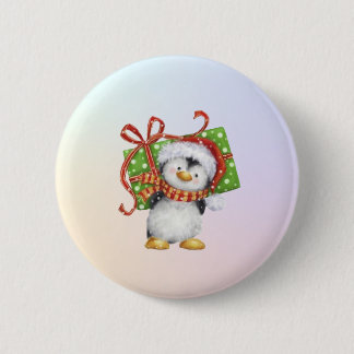 Festive Christmas Penguin with Gift - Holiday Deco 6 Cm Round Badge