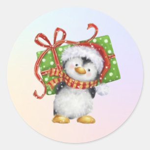 Festive Christmas Penguin with Gift - Holiday Deco Classic Round Sticker