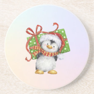 Festive Christmas Penguin with Gift - Holiday Deco Coaster
