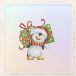 Festive Christmas Penguin with Gift - Holiday Deco Glass Coaster