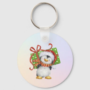 Festive Christmas Penguin with Gift - Holiday Deco Key Ring