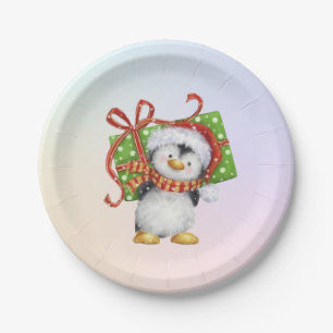 Festive Christmas Penguin with Gift - Holiday Deco Paper Plate