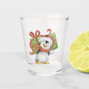 Festive Christmas Penguin with Gift - Holiday Deco Shot Glass