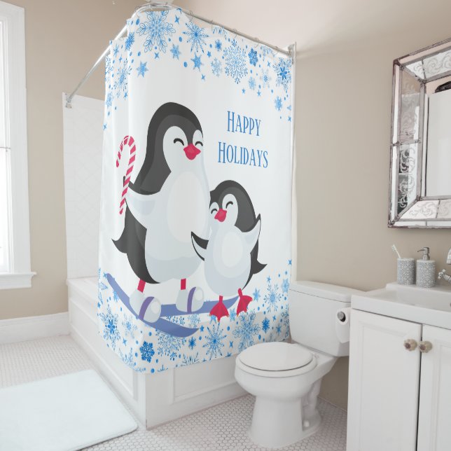 Festive Christmas penguins Holiday Shower Curtain (In Situ)
