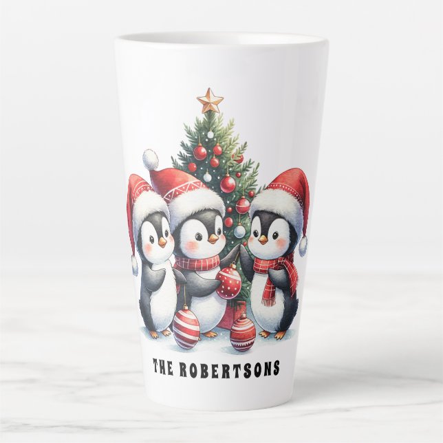 Festive Christmas Penguins Monogrammed Latte Mug (Front)