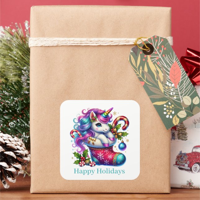 Festive Christmas peppermint unicorn customisable  Square Sticker (Holiday)