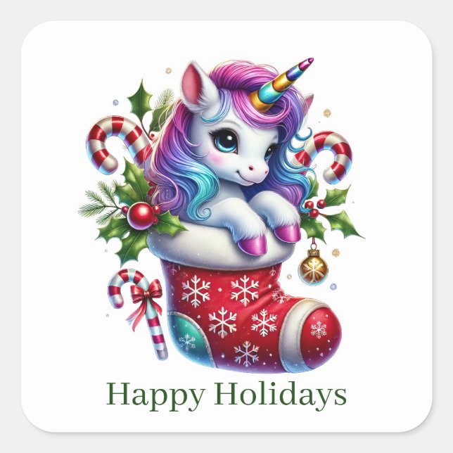 Festive Christmas peppermint unicorn customisable Square Sticker (Front)