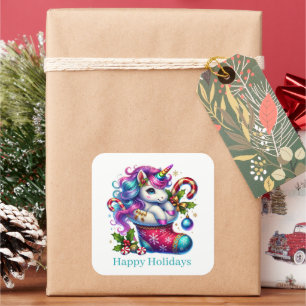 Festive Christmas peppermint unicorn customizable  Square Sticker